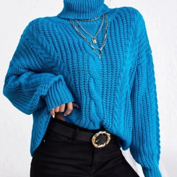 Blue Turtleneck chunky Knit Sweater - Picture 1 of 6